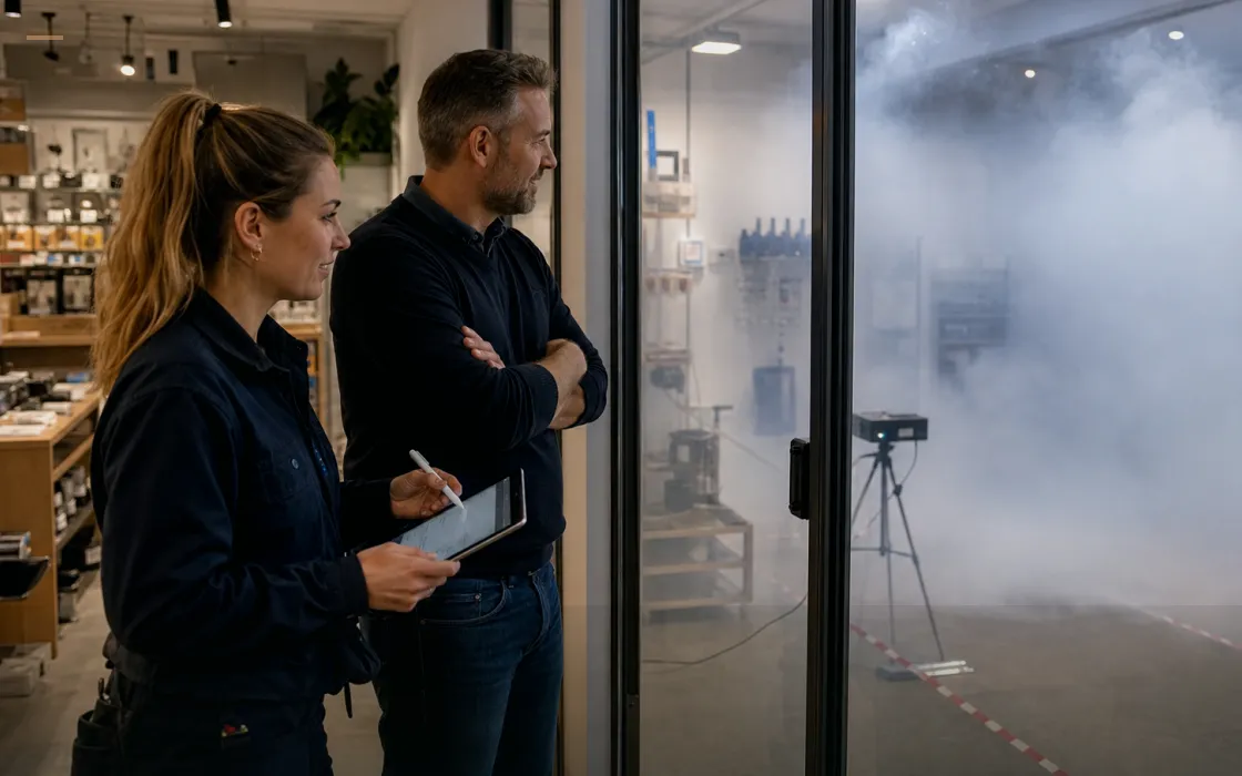 Dokumentierte Wirkungs- und Prüfszene zu Wer bei Elektronikgeschäft entscheidet, handelt und dokumentiert: offene Punkte bei Nebelmaschine im Kontext „Elektronikgeschäft“ klären