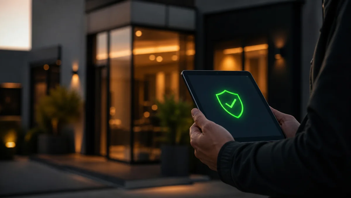 Techniker prüft den aktiven Systemstatus einer Sicherheitslösung auf einem Tablet