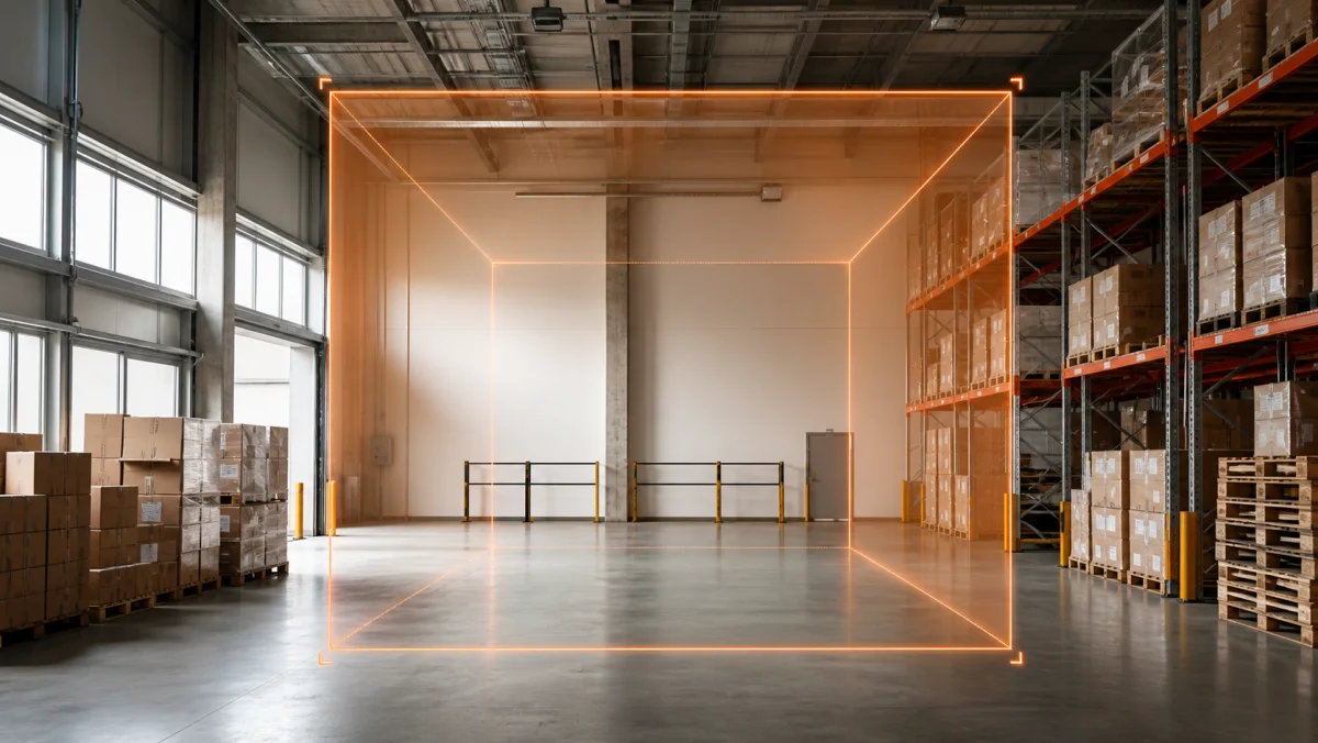 Lagerhalle mit visualisiertem Schutzvolumen für die Systemauslegung